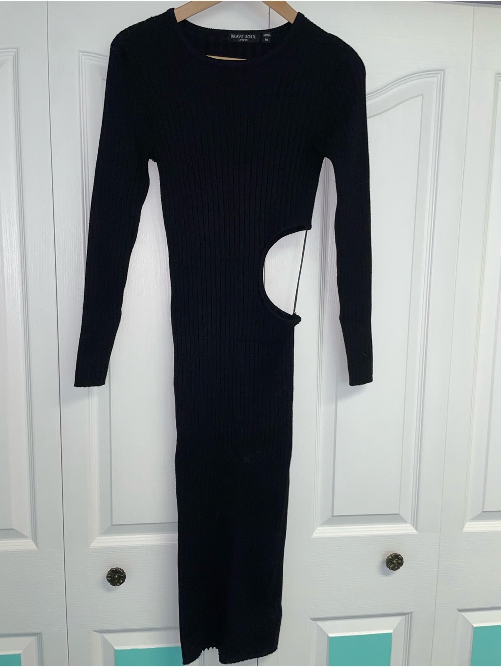 Brave Soul Black Ribbed Long Sleeve Cutout Midi Dress